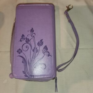 Purple, floral crossbody wallet phone case
